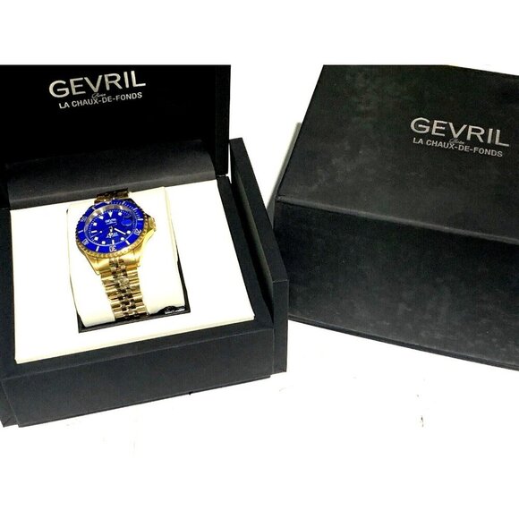 Gevril Men's Watch 4854B Wall Street Swiss Automatic Diver Blue Dial Gold 43mm - Picture 3 of 15
